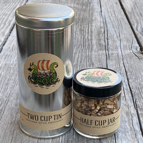 2 cup tin and 1/2 cup jar size options for Organic Masala Chai loose leaf tea