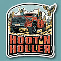Sticker with a red Toyota truck, people, and an eagle on a teal background.