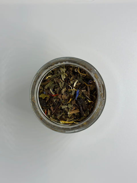 Small dish with loose pile of Double Bubble loose leaf tea