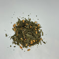 overhead view of loose pile of organic genmaicha loose leaf tea