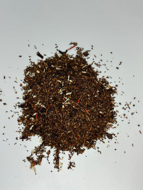 over head view of a loose pile of Rainbow Rooibos loose leaf tea