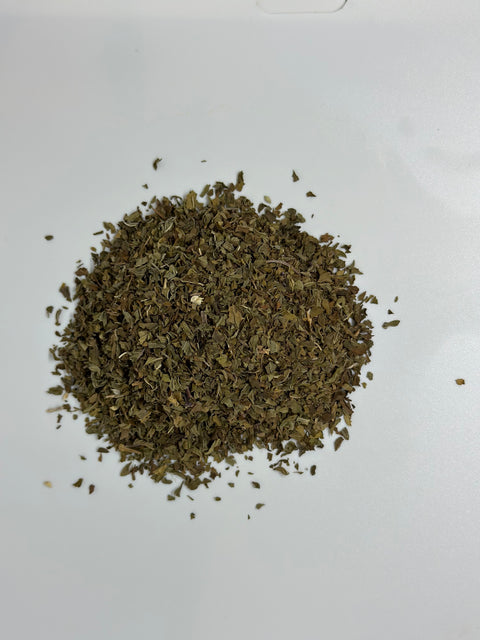 over head view of a loose pile of organic spearmint